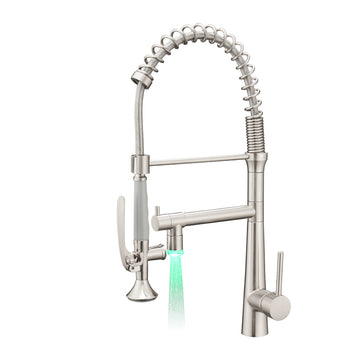 Contemporary Single Handle Gooseneck Pull Down Sprayer Kitchen Faucet with LED in Brushed Nickel