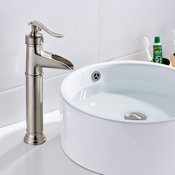 Single Hole Single Handle High Waterfall Bathroom Faucet in Brushed Nickel Easy to Install Durable and Modern