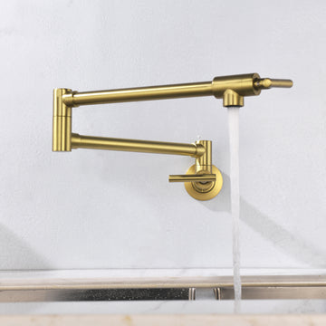 Brushed Gold Wall Mounted Pot Filler Double Handle 1.8 GPM with Ceramic Cartridge and Mounting Hardware