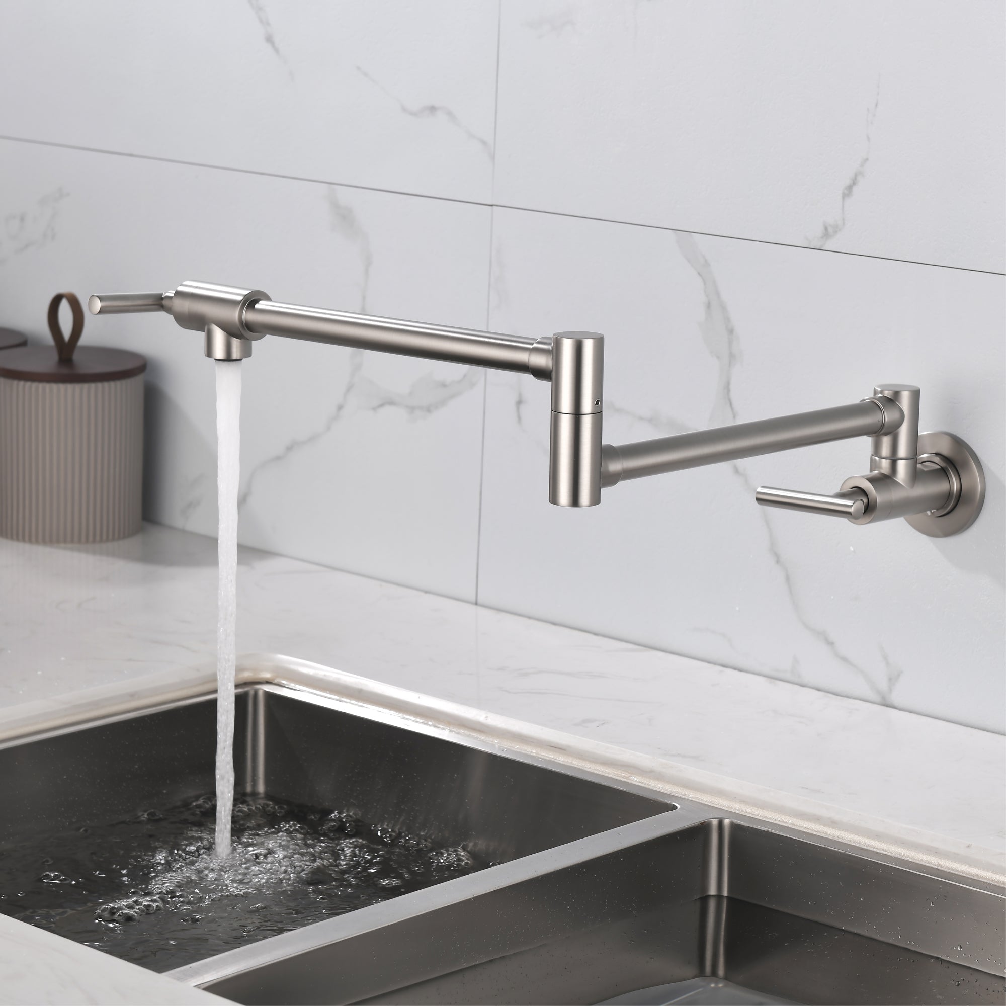 Brushed Nickel Wall Mounted Double Handle Pot Filler 1.8 GPM with Ceramic Cartridge and Mounting Hardware