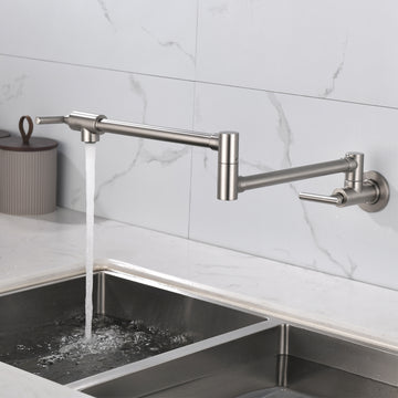 Brushed Nickel Wall Mounted Double Handle Pot Filler 1.8 GPM with Ceramic Cartridge and Mounting Hardware