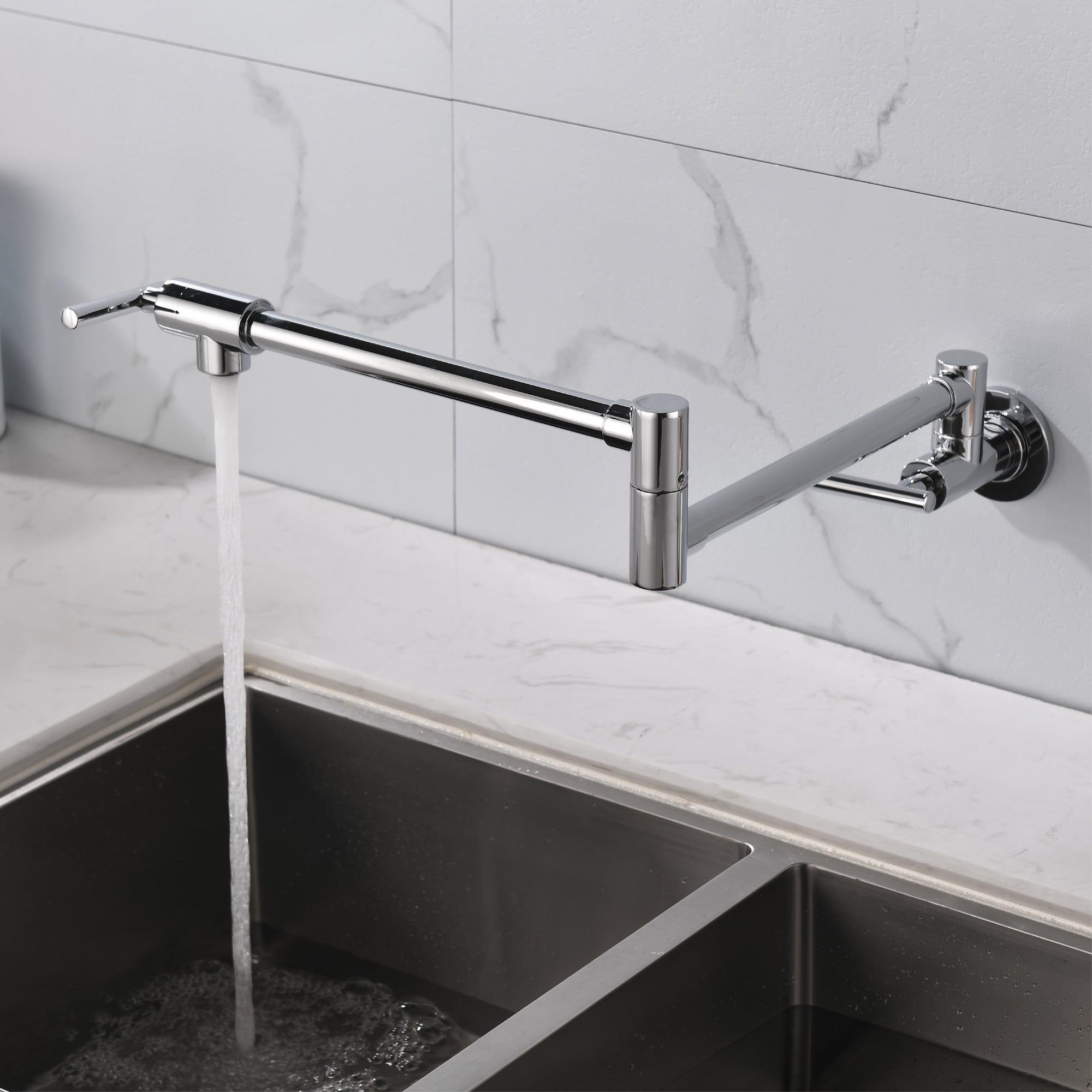Chrome Plated Wall Mounted Double Handle Pot Filler 1.8 GPM with Ceramic Cartridge and Mounting Hardware