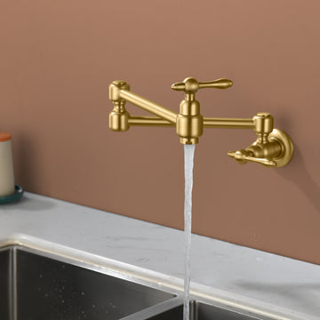 Brushed Gold Wall Mounted Double Handle Pot Filler 1.8 GPM with Ceramic Cartridge and Mounting Hardware