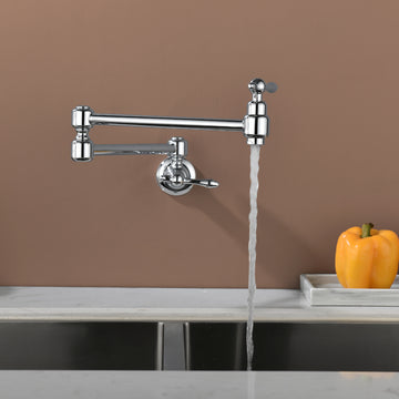 Chrome Plated Wall Mounted Double Handle Pot Filler 1.8 GPM with Ceramic Cartridge and Mounting Hardware
