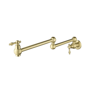 Brushed Gold Wall Mounted Pot Filler Double Handle Kitchen Faucet 360 Degree Rotating Folding Drip Free