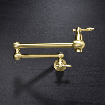 Brushed Gold Wall Mounted Pot Filler Double Handle Kitchen Faucet 360 Degree Rotating Folding Drip Free