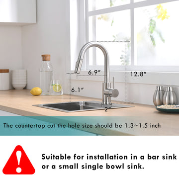Brushed Nickel Stainless Steel Single Handle Pull Down Bar Faucet with Water Supply Hoses and Ceramic Disc Cartridge
