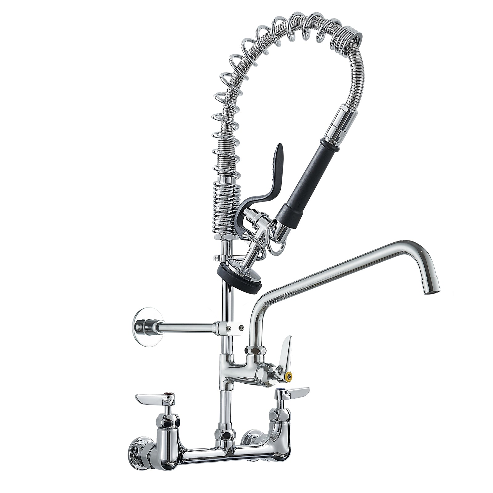Chrome Commercial Gooseneck 2 Spray Patterns Double Handle Wall Mount Brass Kitchen Faucet with Pot Filler