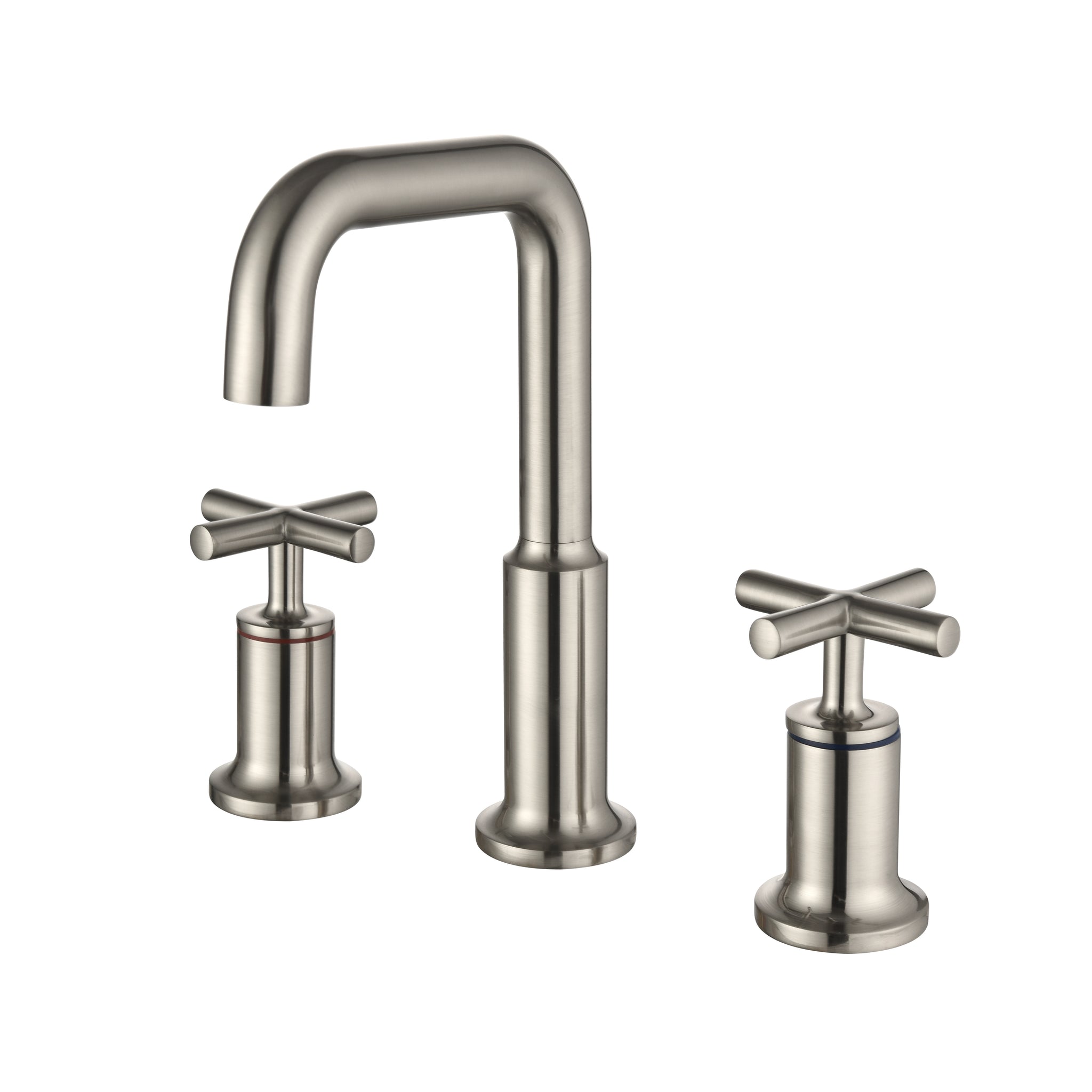 Brass 8 Inch Widespread Double Handle Bathroom Faucet with Water Supply Hoses and Quick Connected Hose in Brushed Nickel