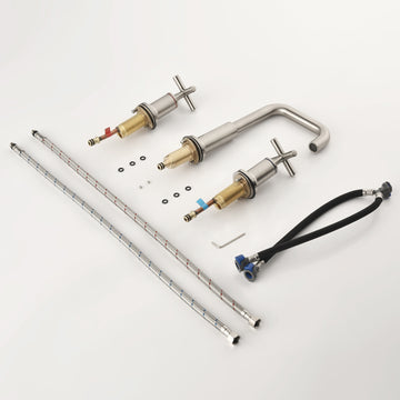 Brass 8 Inch Widespread Double Handle Bathroom Faucet with Water Supply Hoses and Quick Connected Hose in Brushed Nickel