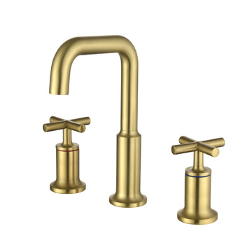Brass 8 Inch Widespread Double Handle Bathroom Faucet with Water Supply Hoses and Quick Connected Hose in Brushed Gold