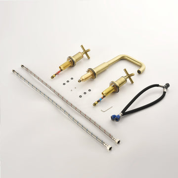 Brass 8 Inch Widespread Double Handle Bathroom Faucet with Water Supply Hoses and Quick Connected Hose in Brushed Gold