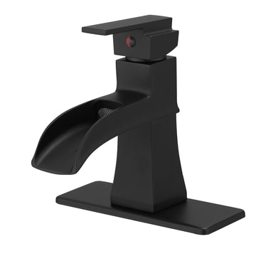 Single Handle Single Hole Bathroom Faucet with Deck Plate Included Pop Up Drain and Water Supply Hoses in Matte Black