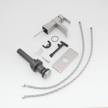 Single Handle Single Hole Bathroom Faucet Deck Plate Included Pop Up Drain and Water Supply Hoses in Brushed Nickel