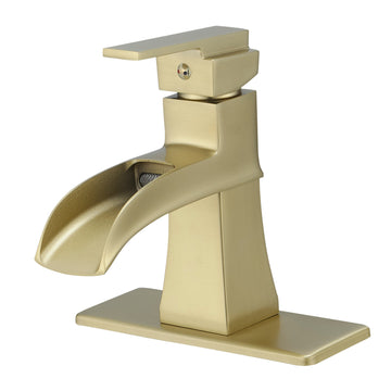 Single Handle Single Hole Bathroom Faucet Brushed Gold with Deck Plate Pop Up Drain and Water Supply Hoses