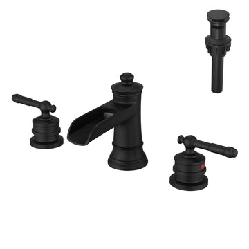 Classic 8 Inch Widespread Double Handle Brass Bathroom Faucet with Pop Up Drain and Water Supply Hoses in Matte Black