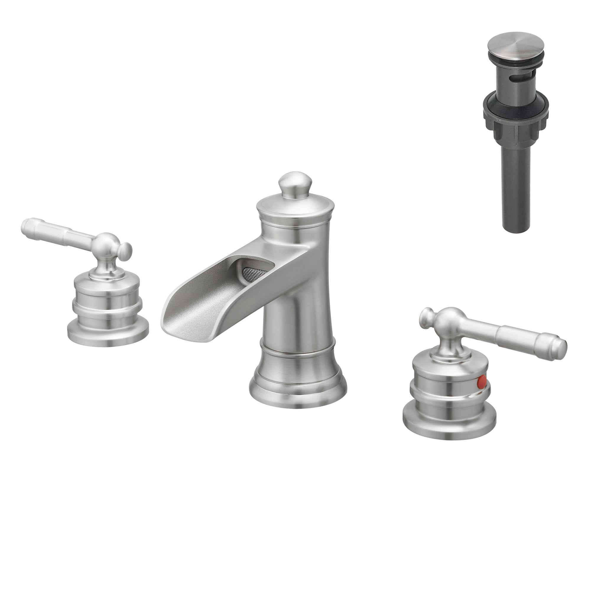 Classic 8 Inch Widespread Double Handle Brass Bathroom Faucet with Pop Up Drain and Water Supply Hoses in Brushed Nickel