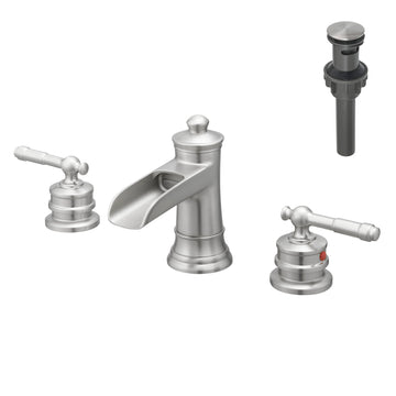 Classic 8 Inch Widespread Double Handle Brass Bathroom Faucet with Pop Up Drain and Water Supply Hoses in Brushed Nickel