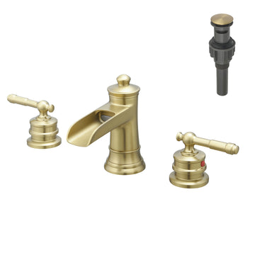 Classic 8 Inch Widespread Double Handle Brass Bathroom Faucet with Pop Up Drain and Water Supply Hoses in Brushed Gold