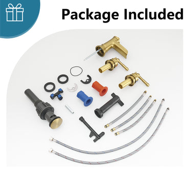 Classic 8 Inch Widespread Double Handle Brass Bathroom Faucet with Pop Up Drain and Water Supply Hoses in Brushed Gold