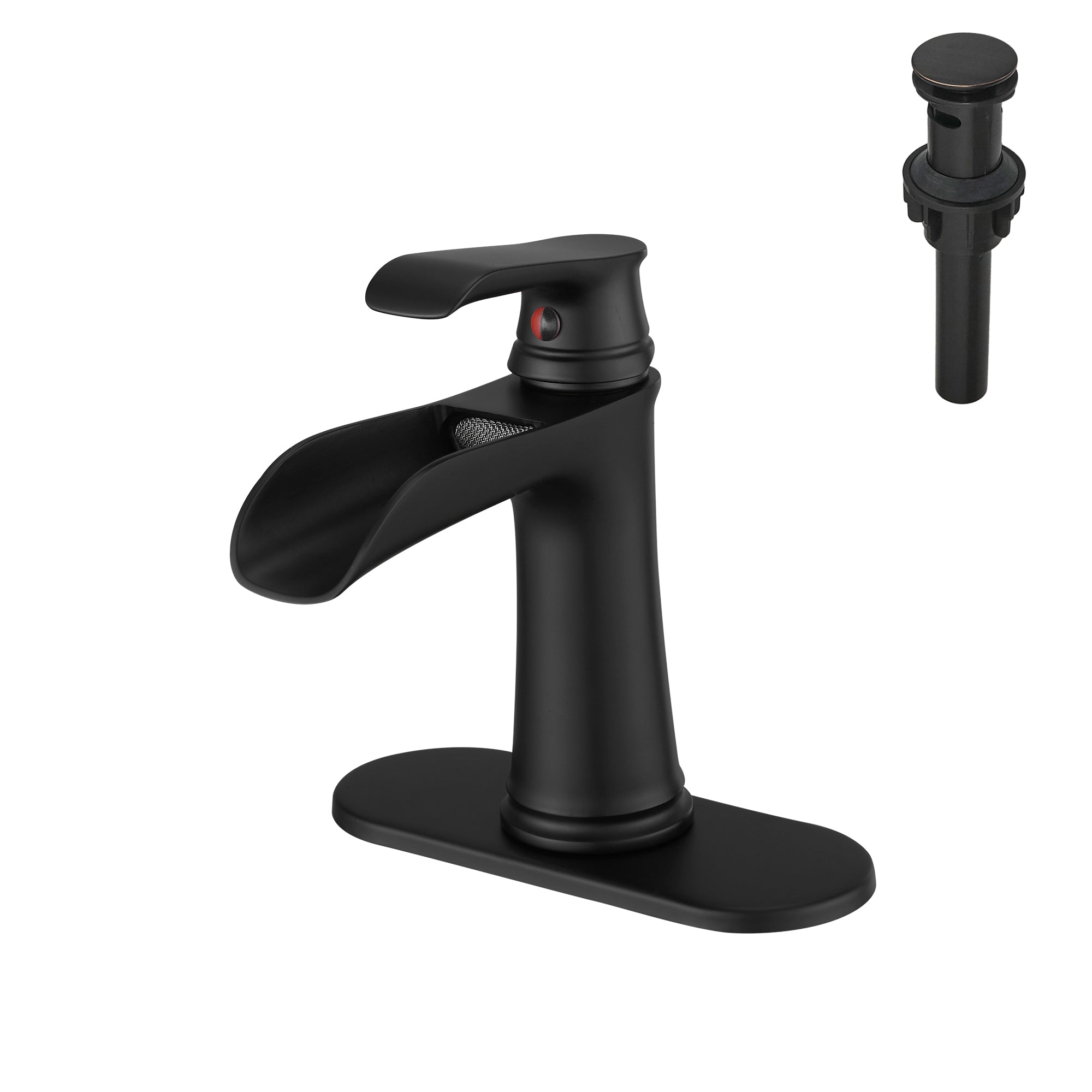 Single Handle Single Hole Bathroom Faucet Matte Black with Deck Plate Pop Up Drain and Water Supply Hoses