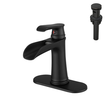 Single Handle Single Hole Bathroom Faucet Matte Black with Deck Plate Pop Up Drain and Water Supply Hoses