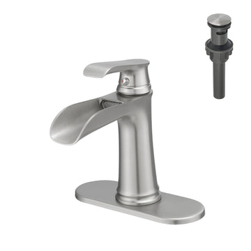 Single Handle Single Hole Bathroom Faucet Brushed Nickel with Deck Plate Pop Up Drain and Water Supply Hoses