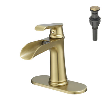 Single Handle Single Hole Bathroom Faucet Brushed Gold with Deck Plate Pop Up Drain and Water Supply Hoses