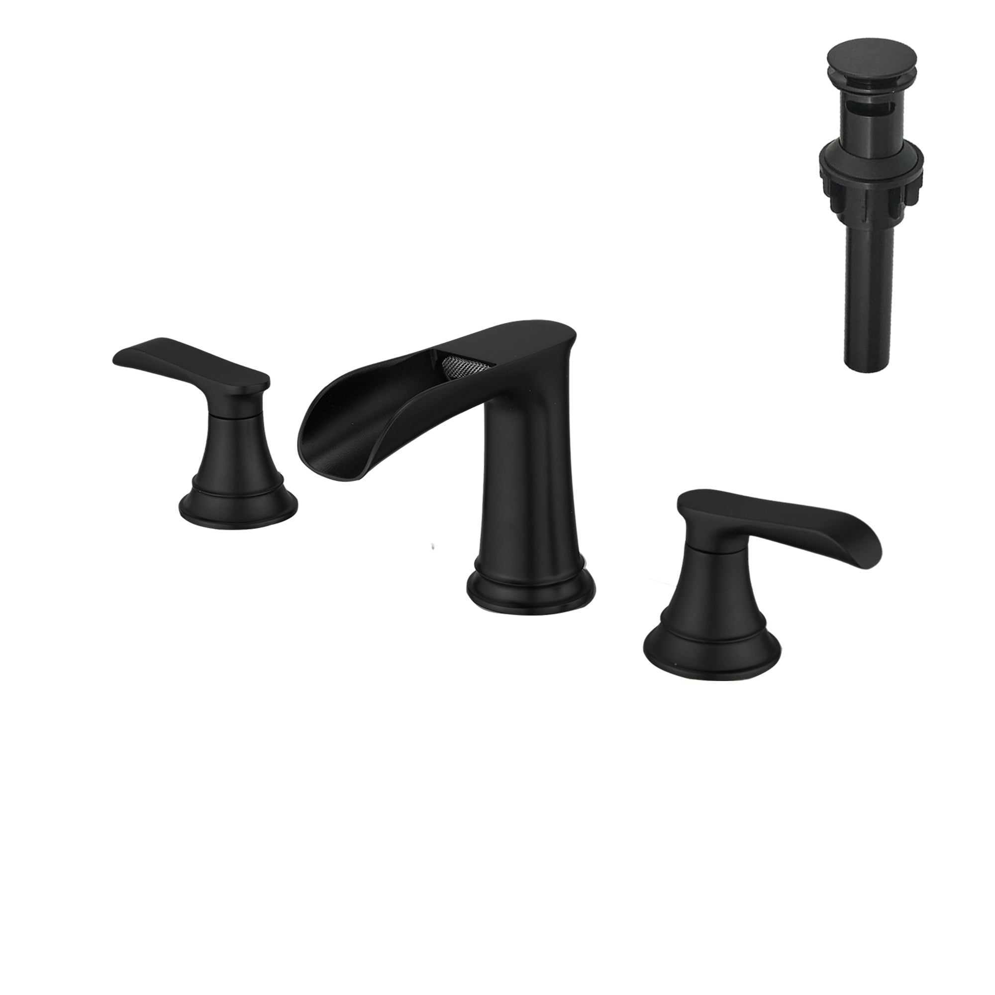 Waterfall 8 Inch Widespread Double Handle Brass Bathroom Faucet with Pop Up Drain and Water Supply Hoses in Matte Black