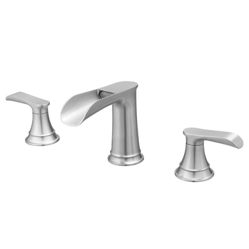 Waterfall 8 Inch Widespread Double Handle Brass Bathroom Faucet with Pop Up Drain and Water Supply Hoses in Brushed Nickel
