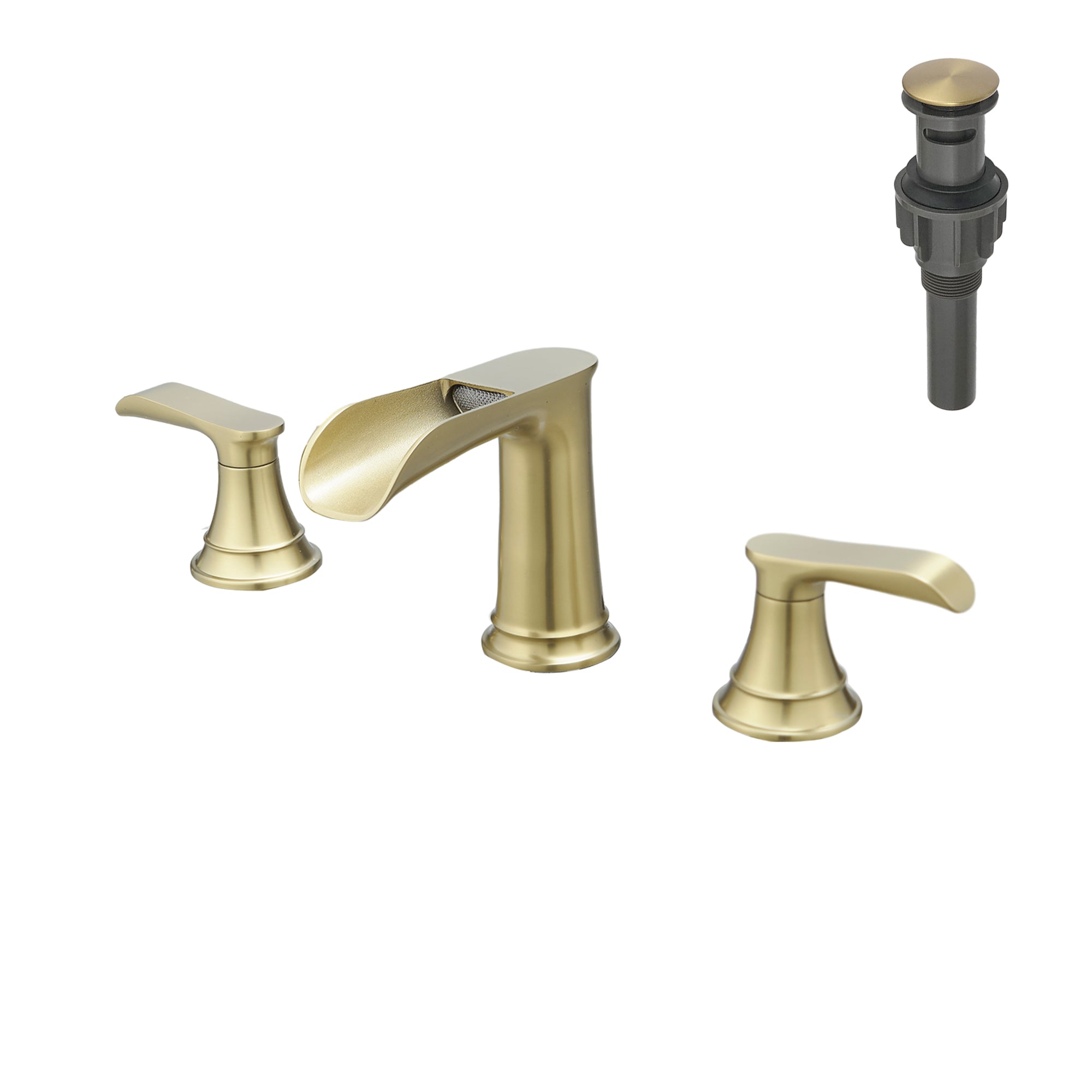 Waterfall 8 Inch Widespread Double Handle Brass Bathroom Faucet with Pop Up Drain and Water Supply Hoses in Brushed Gold