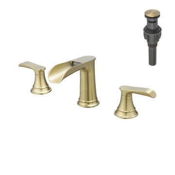 Waterfall 8 Inch Widespread Double Handle Brass Bathroom Faucet with Pop Up Drain and Water Supply Hoses in Brushed Gold