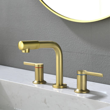 8 in Widespread Double Handle 360 Degree Swivel Spout Bathroom Faucet with Quick Connect Hose in Brushed Gold