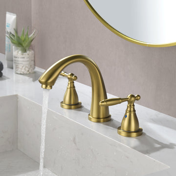 8 in Widespread Double Handle 1.2 GPM Bathroom Faucet with Quick Connect Hose and Water Supply Hose in Brushed Gold