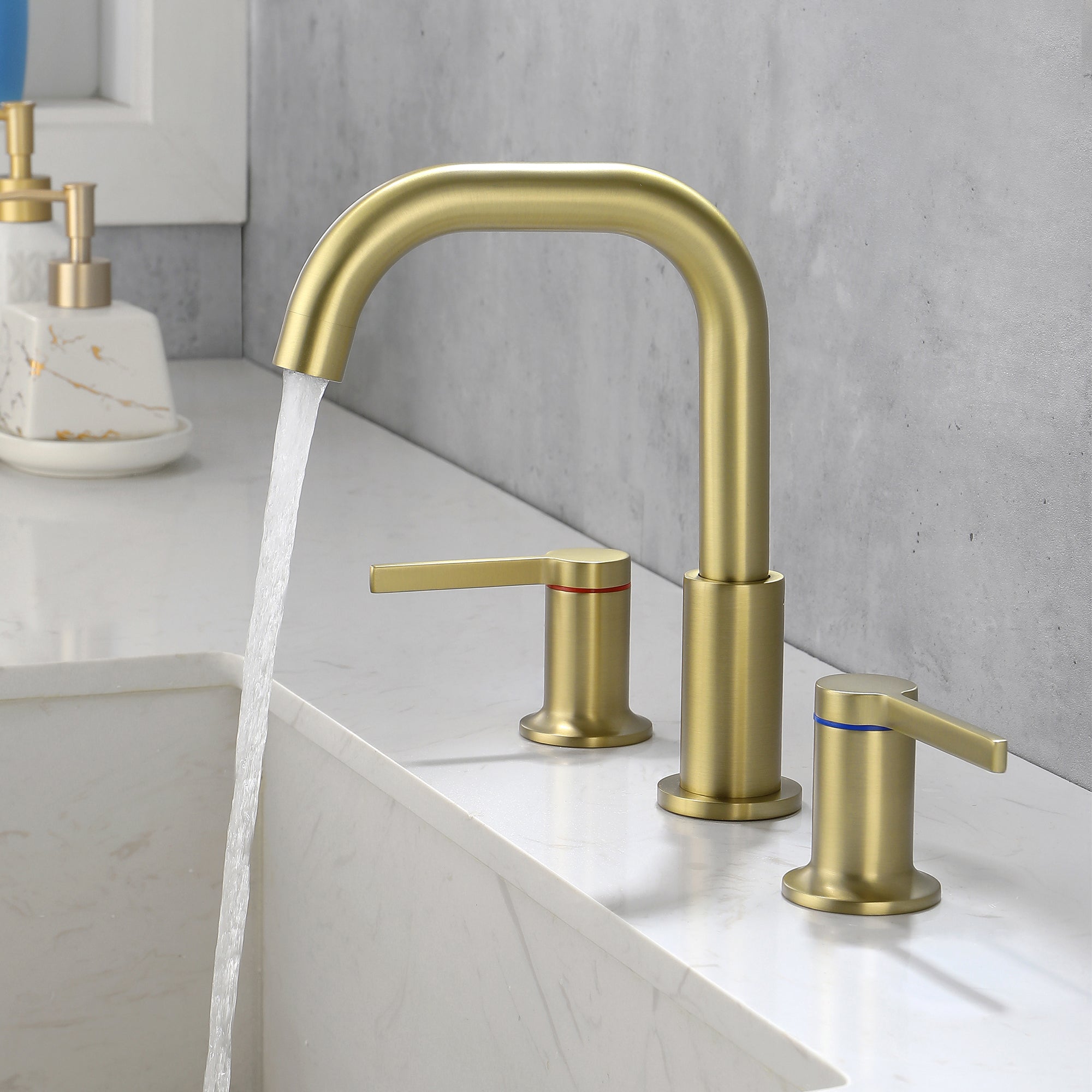 8 in Widespread Double Handle 1.2 GPM Bathroom Faucet with Quick Connect Hose and Water Supply Hose in Brushed Gold