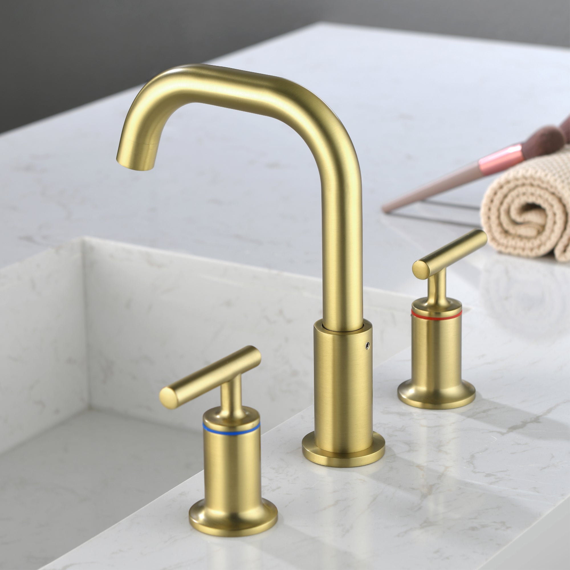 8 in Widespread Double Handle 1.2 GPM Bathroom Faucet with Quick Connect Hose and Water Supply Hose in Brushed Gold