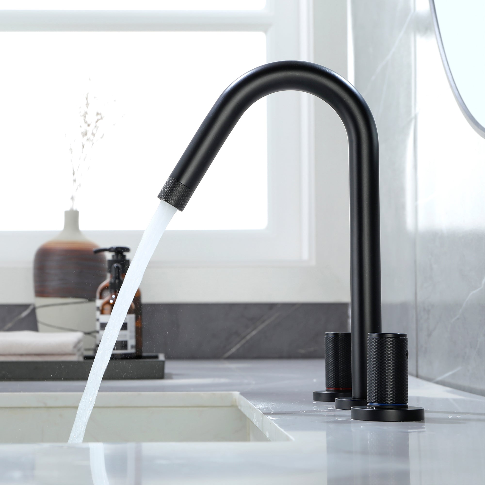 8 in Widespread Double Handle 360 Degree Swivel Spout Bathroom Faucet with Quick Connect Hose in Matte Black