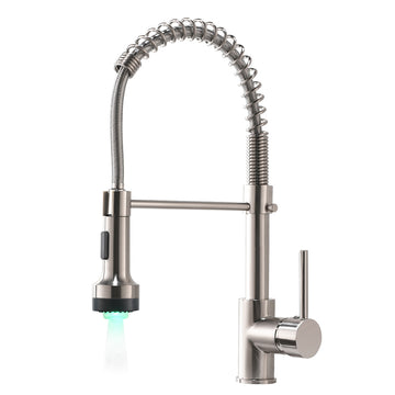 Brushed Nickel Single Handle Gooseneck Pull Down Sprayer Kitchen Faucet with LED Light and Water Supply Lines