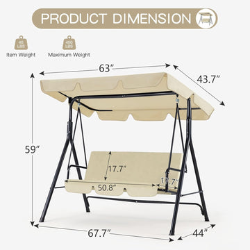 3-Person Metal Patio Swing with Removable Cushion Patio Swing Outdoor Porch Swing Chair for Adults for Garden Backyard Deck