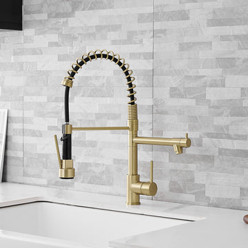 Brushed Gold 2 Spray Patterns Single Handle No Sensor Pull Down Sprayer Kitchen Faucet with Pot Filler