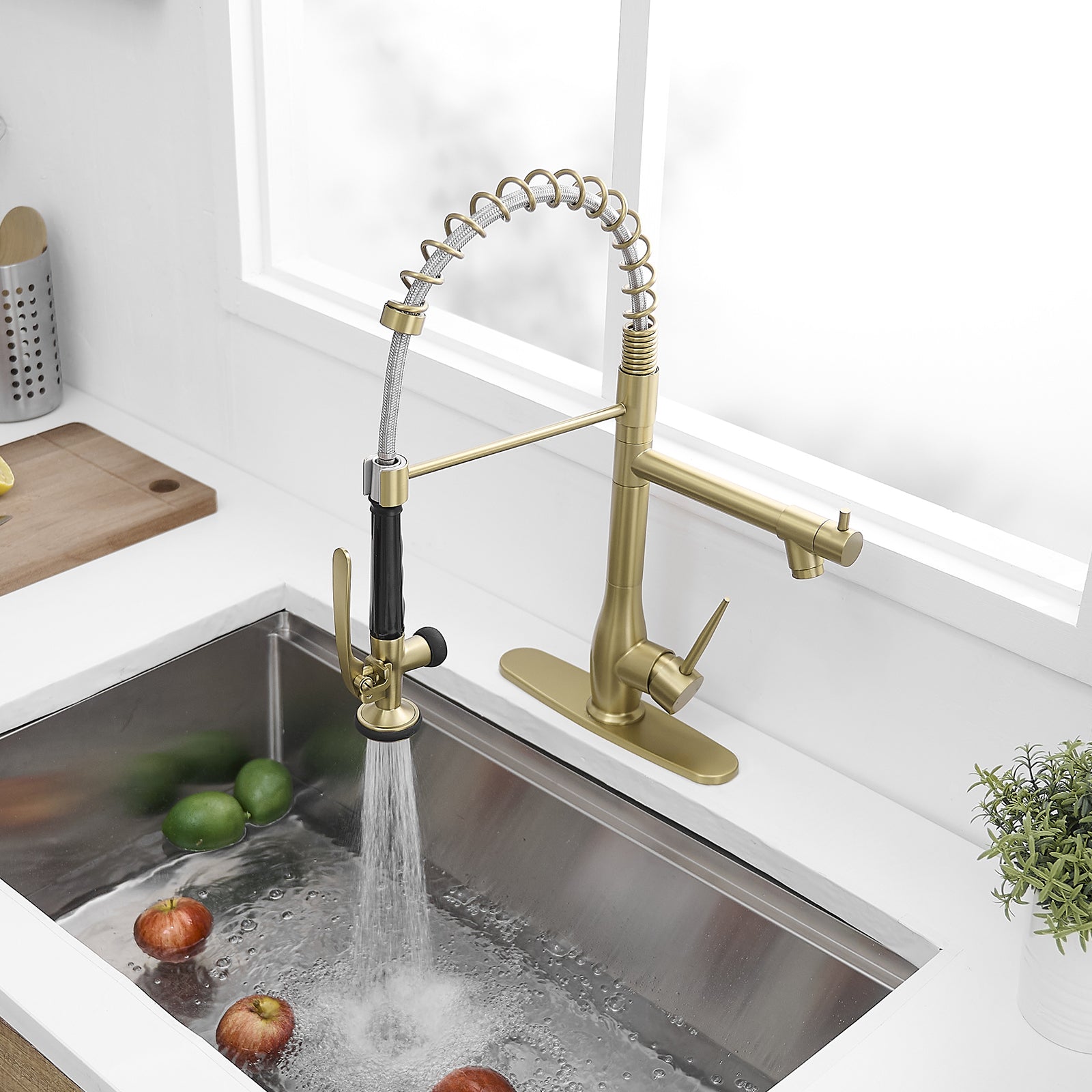 Brushed Gold Commercial Kitchen Faucet with Deck Plate Single Handle Spring Design Pull Down and Side Sprayer 360 Rotation