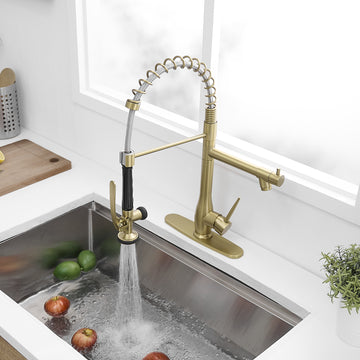 Brushed Gold Commercial Kitchen Faucet with Deck Plate Single Handle Spring Design Pull Down and Side Sprayer 360 Rotation