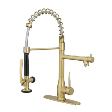 Brushed Gold Commercial Kitchen Faucet with Deck Plate Single Handle Spring Design Pull Down and Side Sprayer 360 Rotation