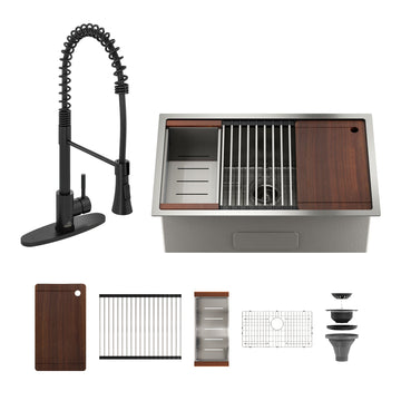 32'' Stainless Steel Kitchen Sink Faucet Sets, Kitchen Undermount Single Bowl with Cutting Board, Roller Blind, Drain Basket, Drain Grid and Drainer