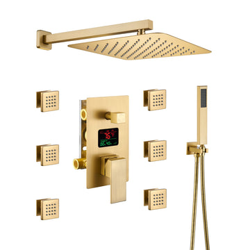 Brushed-Gold-Wall-Mount-Thermostatic-Rain-Shower-System-with-Handheld-Shower-Shower-System-with-Side-Body-Jets-and-Digital-Display
