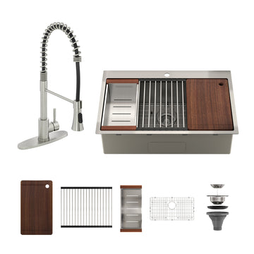33''x 22'' Stainless Steel Kitchen Sink Faucet Sets, Kitchen Undermount Single Bowl with Cutting Board, Roller Blind, Drain Basket, Drain Grid and Drainer