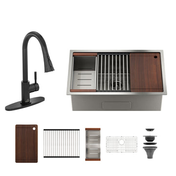 30'' Stainless Steel Kitchen Sink Faucet Sets, Kitchen Sink Single Bowl with Cutting Board, Roller Blind, Drain Basket, Drain Grid and Drainer