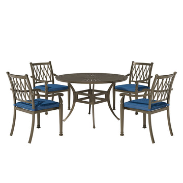 5 Piece Outdoor Patio Dining Set, Round Table and 4 Dining Chairs, Blue Cushion