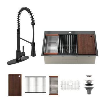 33''x 22'' Stainless Steel Kitchen Sink Faucet Set, Kitchen Sink and Pull-Down Kitchen Faucet with Cutting Board, Roller Blind, Drain Basket, Drain Grid and Drainer