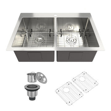 33 Inch Stainless Steel Brushed Kitchen Manual Sink With Double Grooves On The Counter